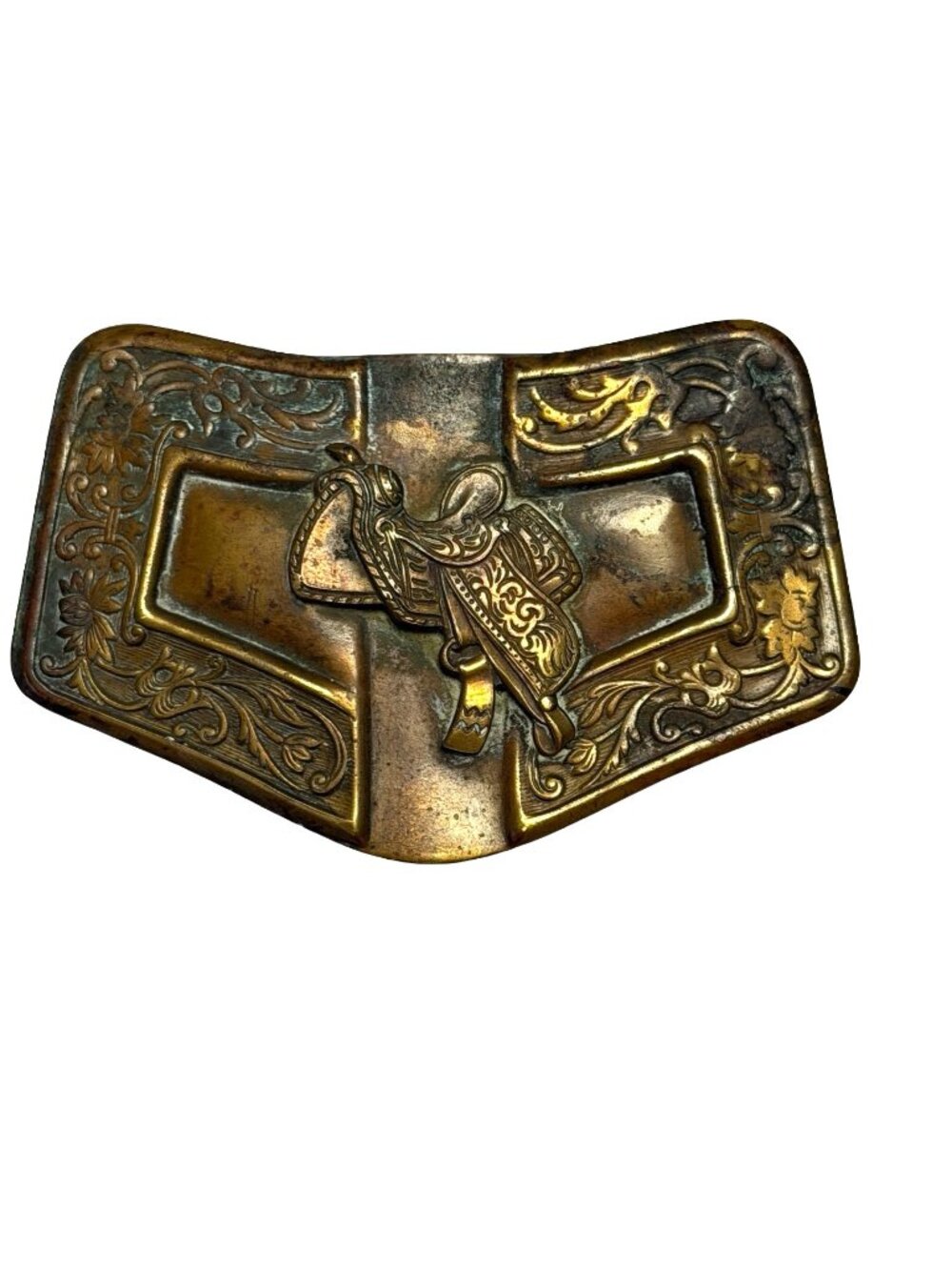 Vintage Western Saddle Belt Buckle Floral Scroll Cowboy Brass Tone